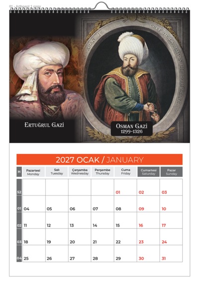2027 Osmanlı Duvar Takvimi 33x48 Spiralli Diğer
