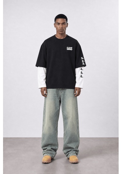 Respire Erkek Double Sleeve Oversize Sweatshirt Siyah