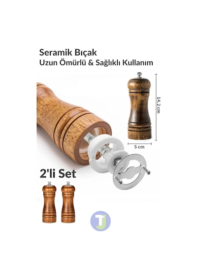 Technojet 2 Adet Doğal Ahşap Karabiber Tuz Kahve Baharat Öğütücü Ahşap Değirmen Tuzluk Biberlik 2li Set 14cm 2li Set 14cm