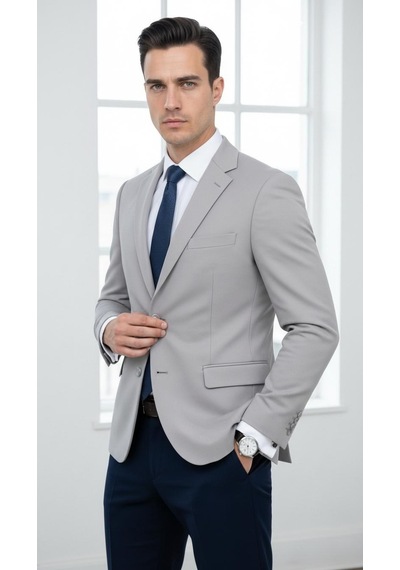 Plus Scorpion Ck 142 Slim Fit Mikro Desenli Erkek Ceket Yazlık Pike Kumaş Çift Yırtmaç Blazer Gri