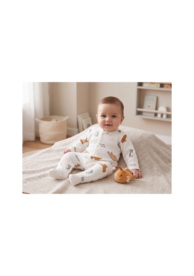 Deniva Kids Erkek Bebek Kaşkorse Fitilli Kutup Hayvanları Baskılı Çıtçıtlı Pamuklu Tulum - Beyaz 3-6 Ay