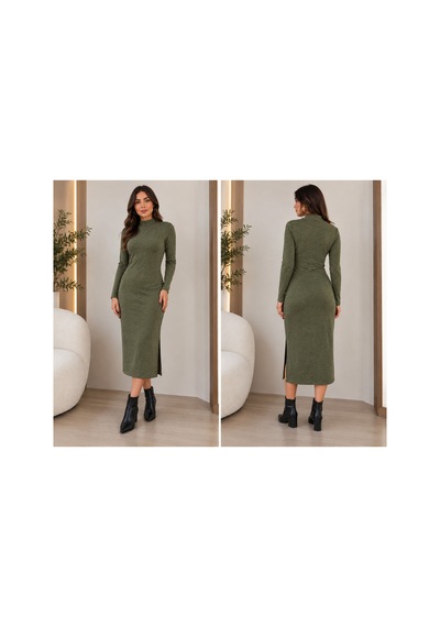 Gül&can Butik Haki Yeşili Desenli Triko Elbise Haki