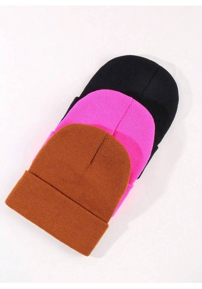 Eke Tekstil Unisex Katlamalı 3'lü Bere Seti Fuşya - Kiremit - Siyah