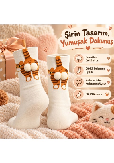Genel Kadın Krem Turuncu Kedi Desenli Ponponlu Soket Çorap Seti Kedi Figürlü Eğlenceli Ço Krem / 36-40