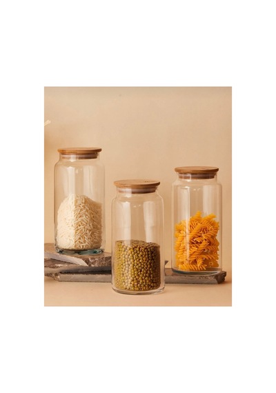 3 Lü Bambu Vakum Kapaklı Kavanoz 1300cc Bakliyat,çay,şeker,tuz,kahve Kavanozu Şeffaf Şeffaf