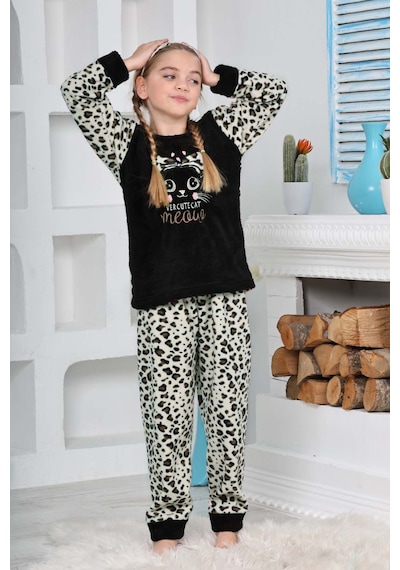 Kız Çocuk Leopar Desenli Göz Bantlı Peluş Polar Pijama Takımı Siyah