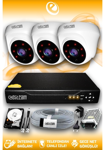 Elitcam 3 Kameralı Dome 3 İç Kamera Set 500 GB HDD Full HD Gece Görüşlü Güvenlik Kamerası Sistemi