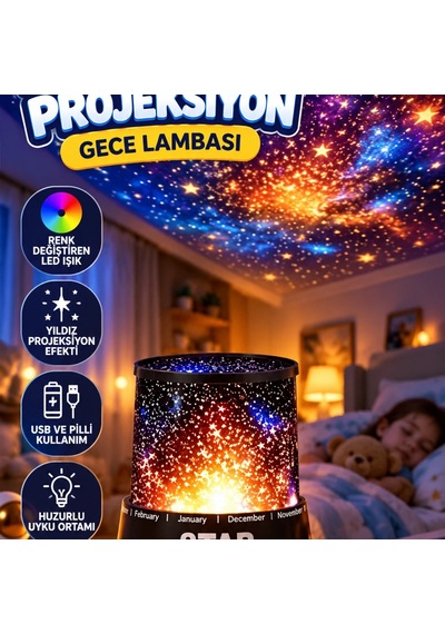 Yıldız Desenli Led Projeksiyon Gece Lambası Renk Değiştiren Usb Ve Pilli Oda Işığı Renkli