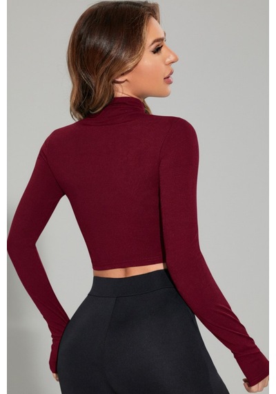 Beru Kadın Bordo Uzun Kol Fermuarlı Parmak Geçme Detaylı Dik Yaka Crop Top Bluz L - XL