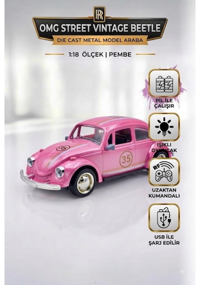 TıfılToys Uzaktan Kumandalı Şarjlı Işıklı Full Fonksiyon Kauçuk Tekerlekli Nostalji Vosvos Araba Pembe