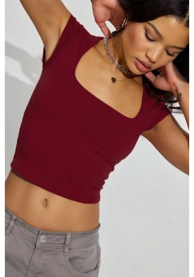 Bordo Kare Yaka Kadın Tişört Mg2294 Bordo
