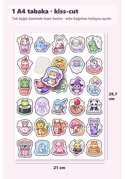 30 Adet Sevimli Hayvan Sticker Seti Boba Çaylı Kedi, Aylı Balina, Çilekli Tavşan Kek - Laptop Defter Ve Telefon Çok Renkli