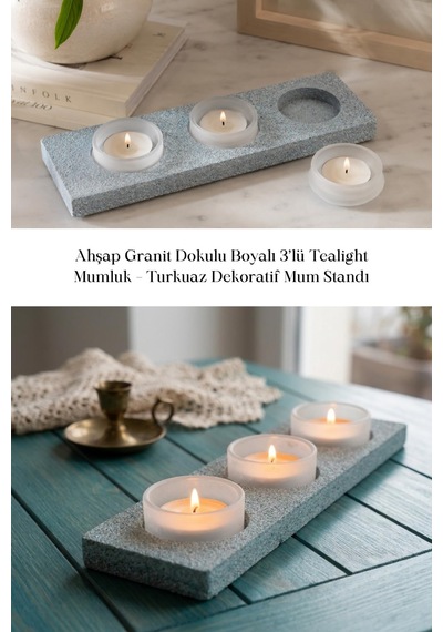 Ahşap Granit Dokulu Boyalı 3 Lü Tealight Mumluk Turkuaz