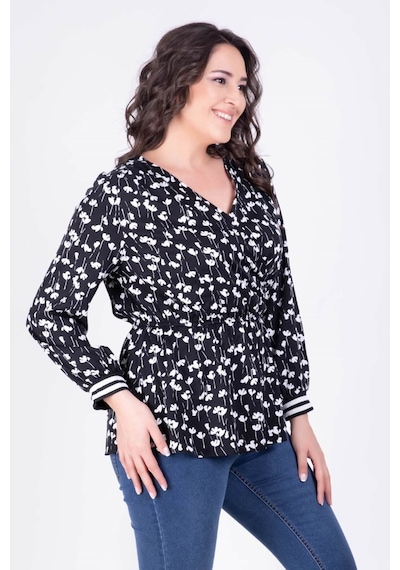 Myline Beli Lastikli Kruvaze Çiçekli Bluz Siyah