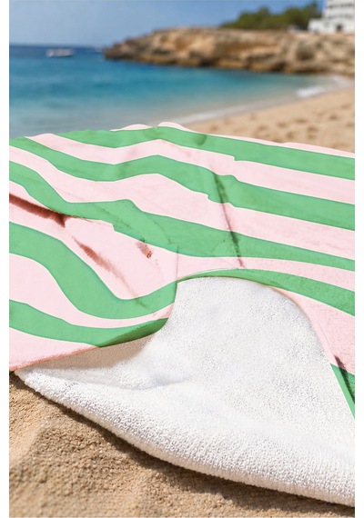 Çizgili Retro Çift Çizgili Plaj Havlusu - Modern Pembe Yeşil Hızlı Kuruyan Mikrofiber Havlu Yumuşak Dalgası