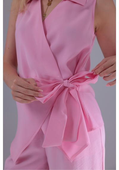 Eseclass Yandan Bağlamalı Kruvaze Model Tencel Gömlek Pembe Pembe