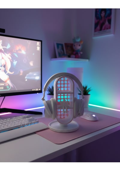 Elana Design Raflı Gamer Kulaklık Standı & Masa Üstü Organizer 1 Adet Mini Figür li - Beyaz