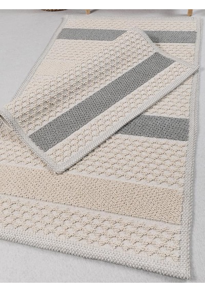 Naturel Pamuklu Kilim Yıkanabilir Banyo Paspası Seti 2'li Klozet Takımı 60x100-50x60cm 7021 Bej Diğer