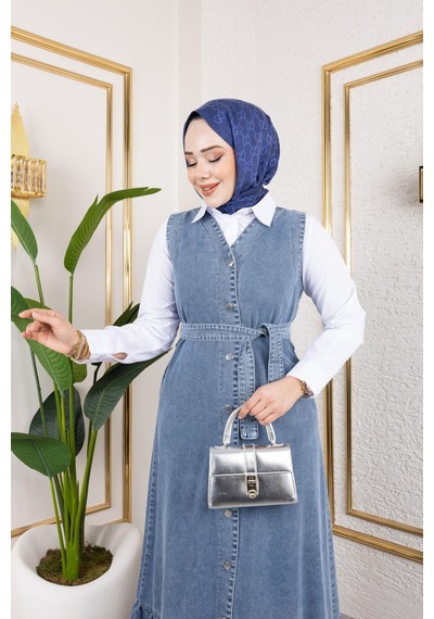Harman Butik Kadın Düğmeli Kuşaklı Kot Jile Mavi