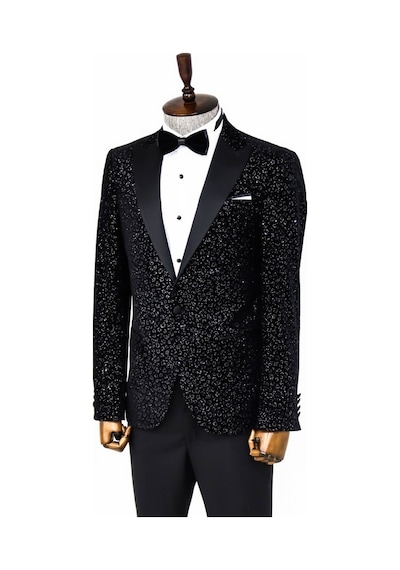 Wessi Leopar Desenli Slim Fit Siyah Erkek Smokin Ceket Siyah