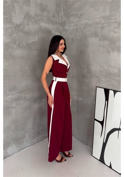 Neşeli Butik Kadın Bordo Çift Renkli Kemerli Şerit Detaylı Tam Boy Kolsuz Tulum Nbk087