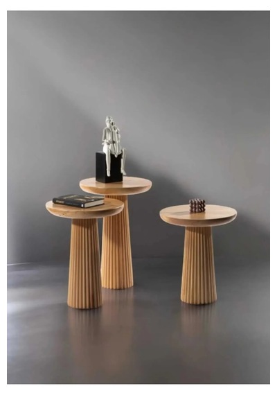 Wood Wooden 3 Lü Set Fitilli Mantar Yan Sehpa Modern Ahşap Renk F