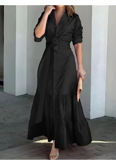 Veraura Lifestyle Kadın Uzun Kollu Eteği Fırfırlı Beli Kuşaklı Trikoton Tam Boy Gömlek Elbise Siyah
