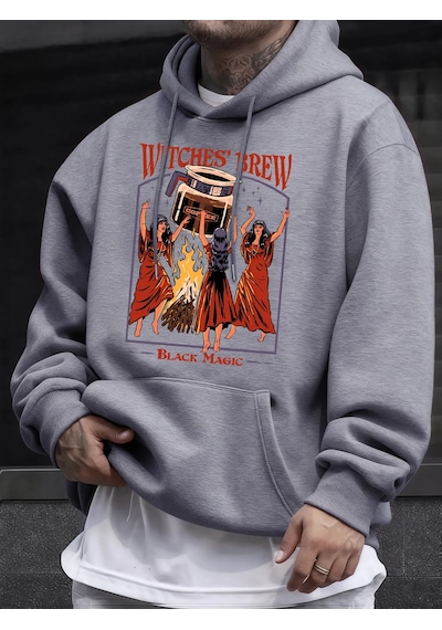 Tarzsokak Cadılar Brew Black Magic Baskılı Erkek Kazak Rahat Kazak Gevşek Trendy Tüm Maç Hoody Unisex S Gri