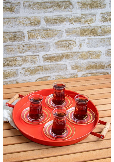 Kitchen Trend 3 Lü 45beyaz, 37kırmızı, 30beyaz Ahşap Kulplu Metal Tepsi Sunum Tepsi Seti