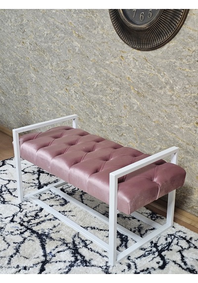 Zafir Beyaz Boyalı Metal 80 Cm Puf Bench - Antre Puf - Hol Bench - Puf - Oturak - Bench Pembe