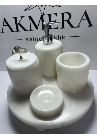Mermer Top Ayaklı Standlı 5 Parça Lüks Banyo Seti Beyaz - Gri