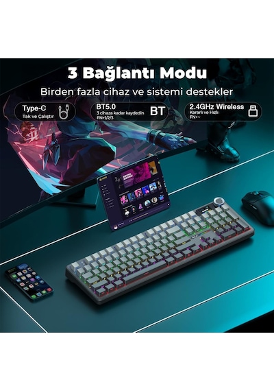 Aula F108 Pro Ekranlı Mekanik Klavye Zephyr Switch Rgb Hot Swap 8000mah Makrolu Oyuncu Klavyesi Gri