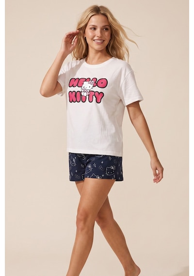 Siyah İnci Hello Kitty Lisanslı %100 Pamuk Ekru Çok Renkli Bisklet Yaka Şortlu Pijama Takım 26120201