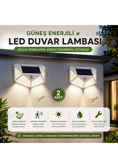 100 Led Solar Hareket Sensörlü Dış Mekan Bahçe Lambası 2 Adet