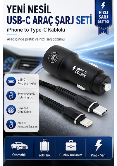 Yeni Nesil Usb-c Araç Şarj Seti İphone To Type-c Kablolu Pd18w Hızlı Şarj Destekli Araç İçi Şarj Cihazı