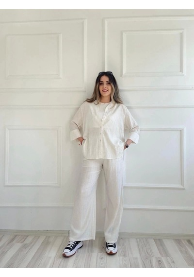 Kadın Krinkıl Kumaş Pantolon Ekru