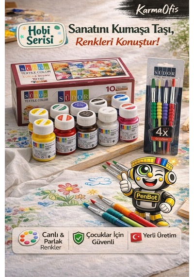 Kumaş Boyası Seti 10 Renk + Fırça Seti Sanat Atölyesi Paketi Canlı Renkler Krem