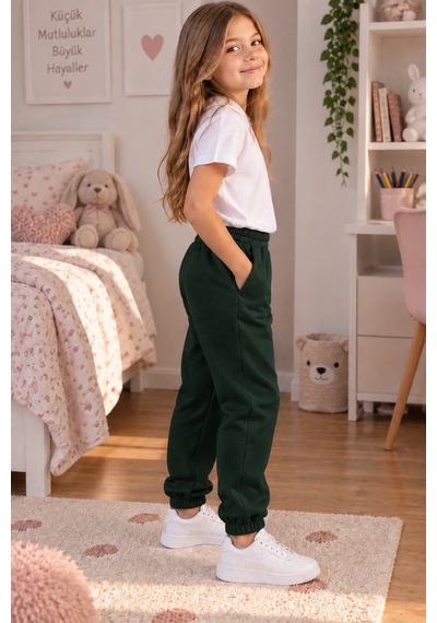 We&me Kız Çocuk Eşofman Altı 3 İplik Şardonlu Lastikli Bel Ve Paça Cepli Günlük Jogger Yeşil