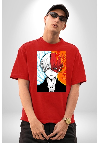 My Hero Academia Boku Anime Pamuklu Bisiklet Yaka Unisex Oversize Boyfriend Dijital Baskılı Kırmızı T-shirt Kırmızı