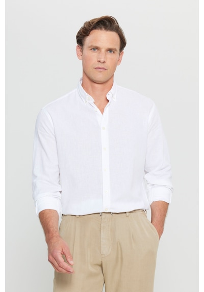 AC&Co / Altınyıldız Classics  Erkek Beyaz Pamuklu Keten Comfort Fit Rahat Kesim Düğmeli Yaka Armürlü Gömlek Beyaz