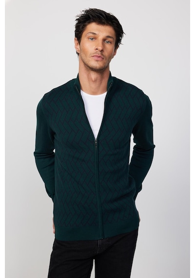 Tudors Slim Fit Dar Kesim Yarım Balıkçı Yaka Fermuarlı Önü Desenli Yeşil Erkek Hırka-29526 Multi Çok Renkli