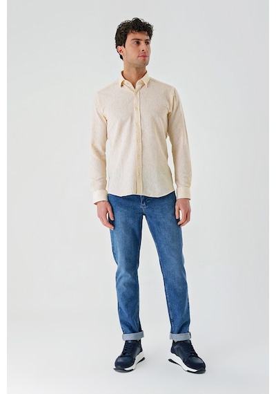 İmza Hardal Uzun Kollu Çizgili Biritli Yaka Pamuklu Likralı Casual Slim Fit Dar Kesim Gömlek 1004240233-hardal Hardal