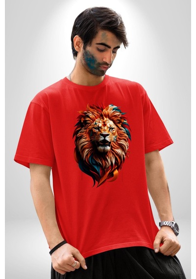 Renkli Kaplan Kükrüyor Pamuklu Bisiklet Yaka Unisex Oversize Boyfriend Dijital Baskılı Kırmızı T-shirt Kırmızı