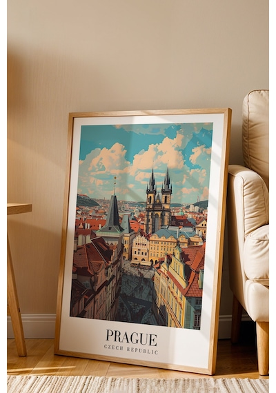 Prague Czech Republic Vintage Seyahat Posteri Çerçeveli Tablo - Premium Prag Elit Duvar Dekoru Kayın
