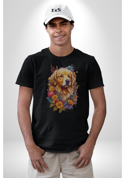 Golden Çiçekli Baby Face Unisex Unisex Siyah Organik Baskılı T-shirt Penye Yüksek Kalite Siyah
