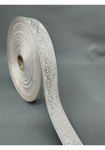 2 Cm Gümüş Yaldızlı Desenli Saten Şerit-5 Metre