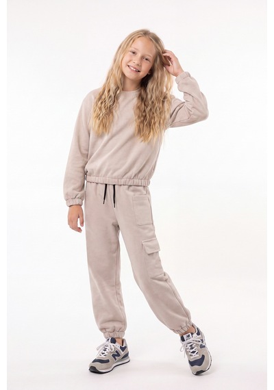 Panios Kids 3 İplik Kız Çocuk Düz Kısa Bel Sweatshirt Bisiklet Yaka 2'li Eşofman Takımı Bej-siyah