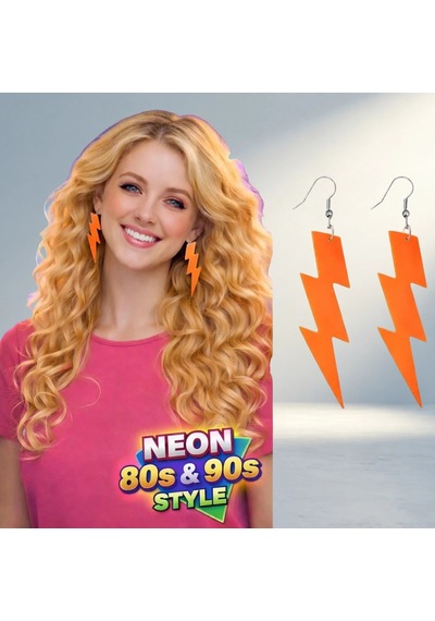Retro Neon Turuncu Şimşek Küpe 10 Cm İle 80'ler Tarzı Diğer