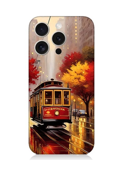 Apple Uyumlu iPhone 15 Pro Max Kırmızı Tramvay Desenli Silikon Kılıf Silikon