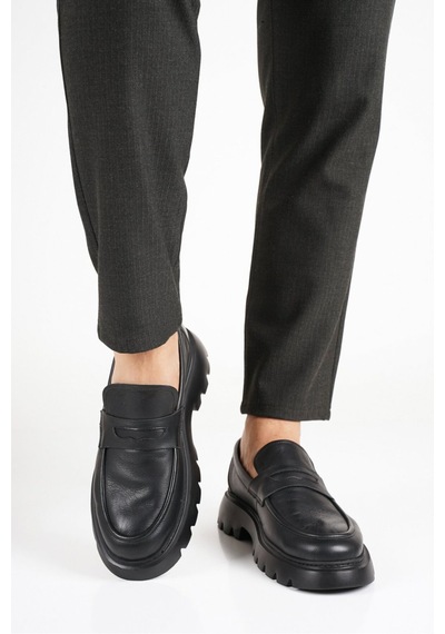Fame Step Hakiki Deri Erkek Casual Ayakkabı +4.5 Cm Boy Uzatan Kalın Taban Günlük Bağcıksız Comfort Siyah Loafer Venedik